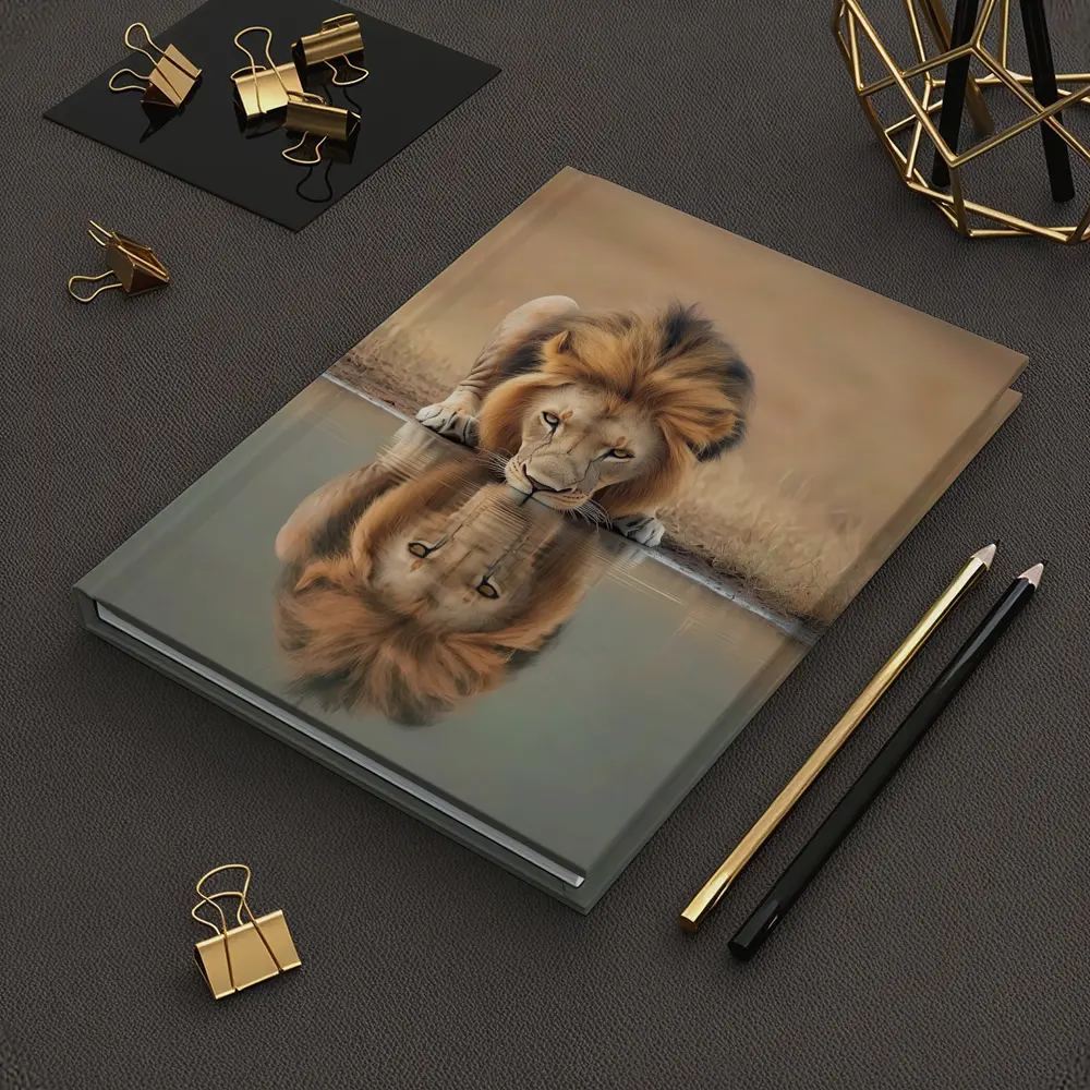 Male Lion Drinking Water Reflection African Savanna – Notebooks