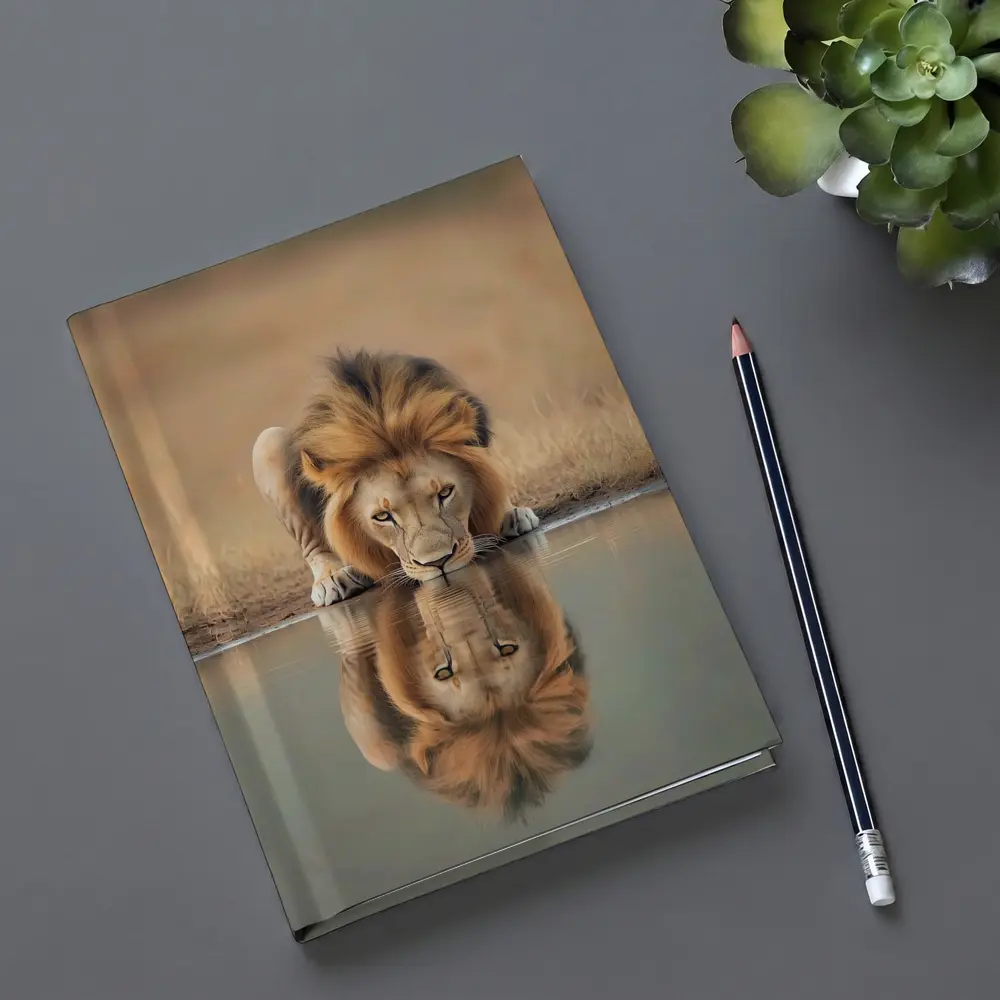 Male Lion Drinking Water Reflection African Savanna – Notebooks