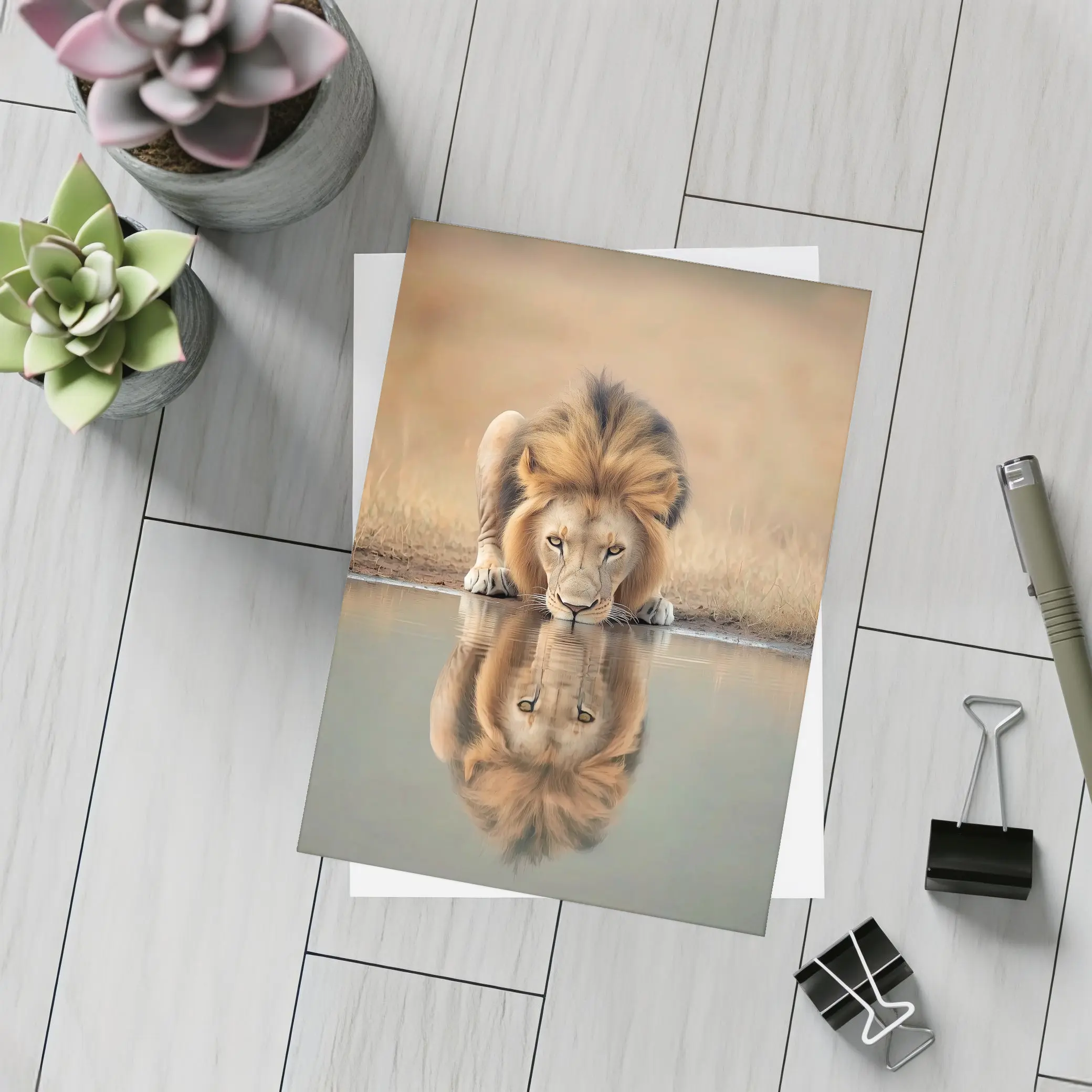Male Lion Drinking Water Reflection African Savanna – Postcards