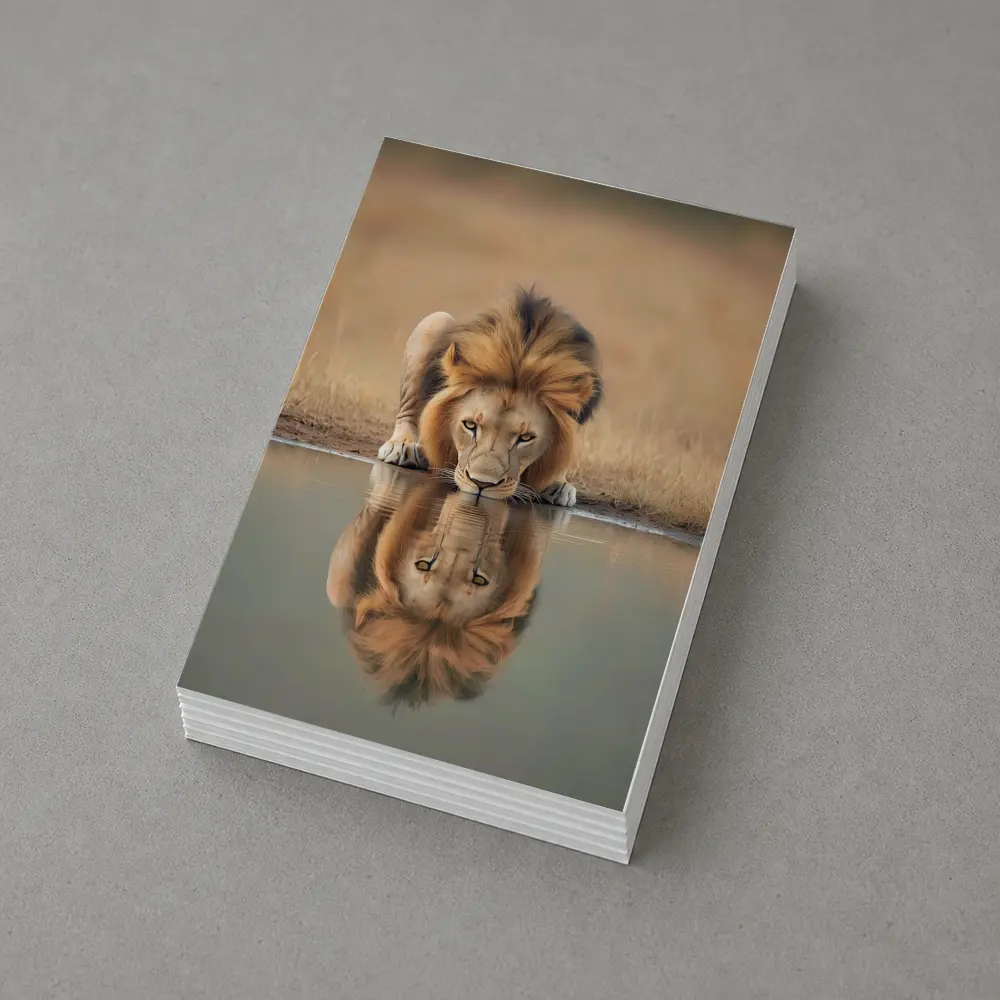 Male Lion Drinking Water Reflection African Savanna – Postcards