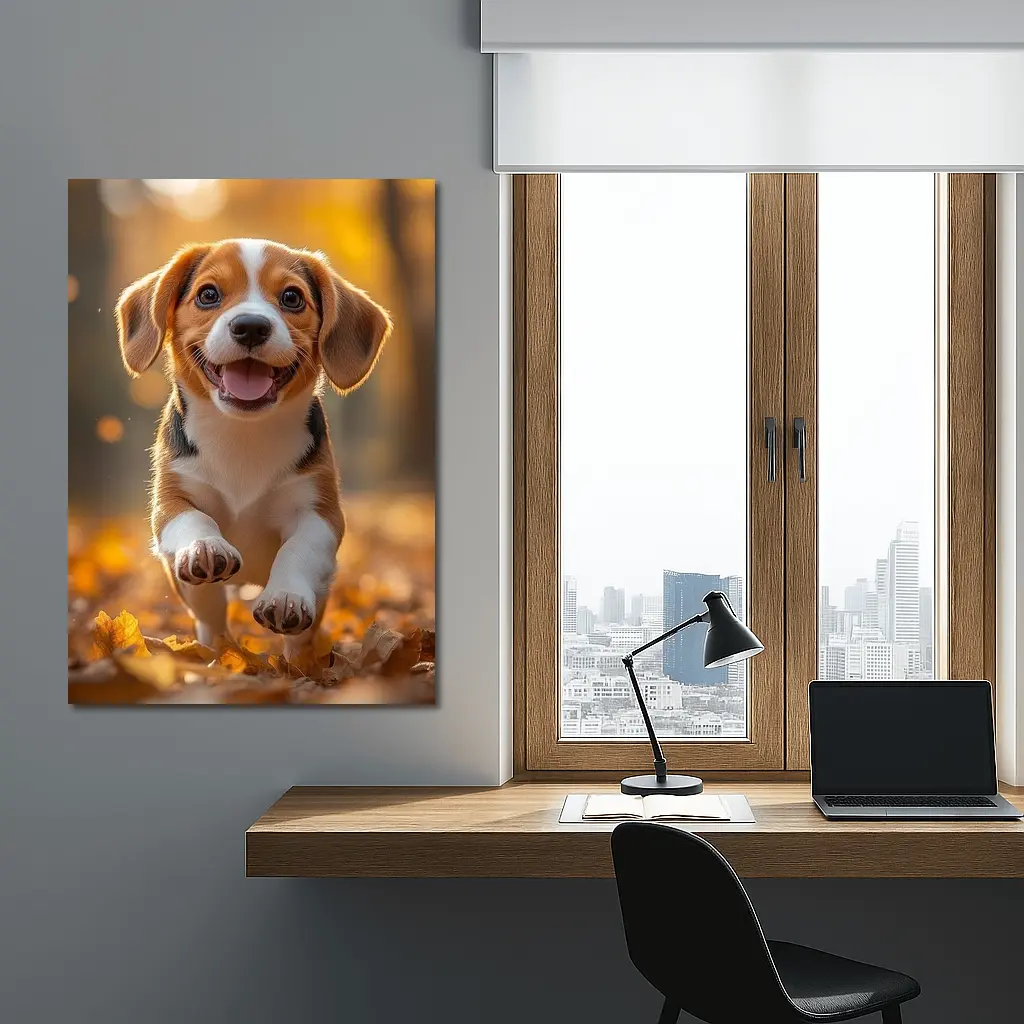 Beagle Puppy Running Autumn Leaves Forest – Wall Art