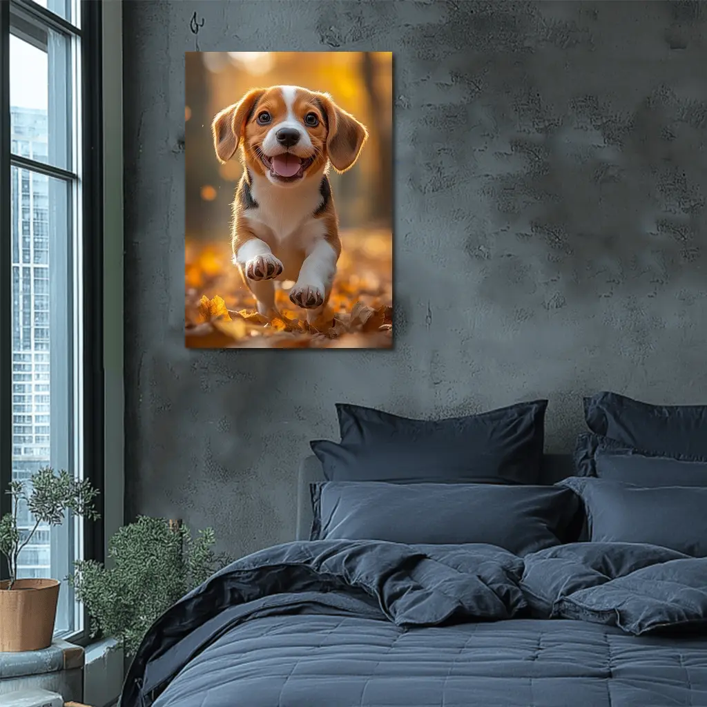 Beagle Puppy Running Autumn Leaves Forest – Wall Art