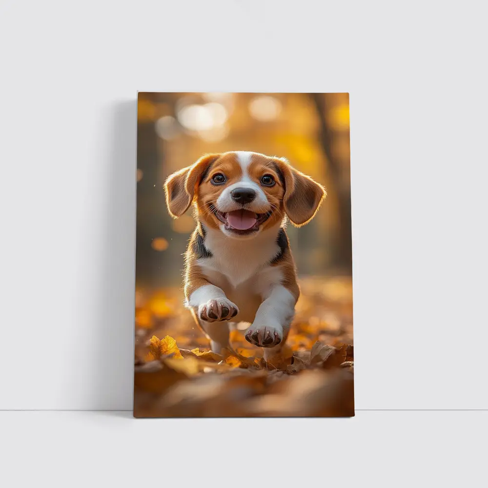 Beagle Puppy Running Autumn Leaves Forest – Wall Art
