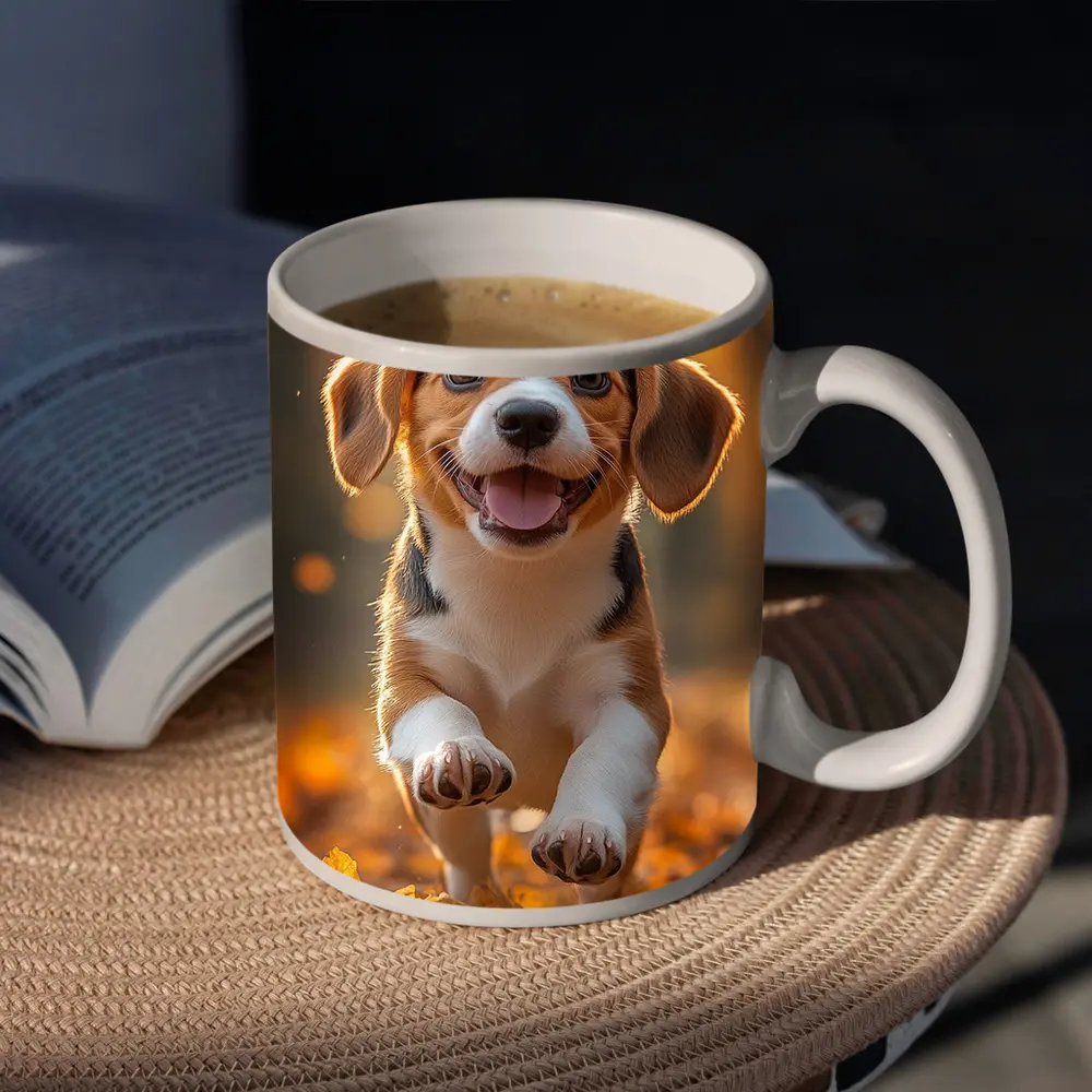 Beagle Puppy Running Autumn Leaves Forest – Mugs