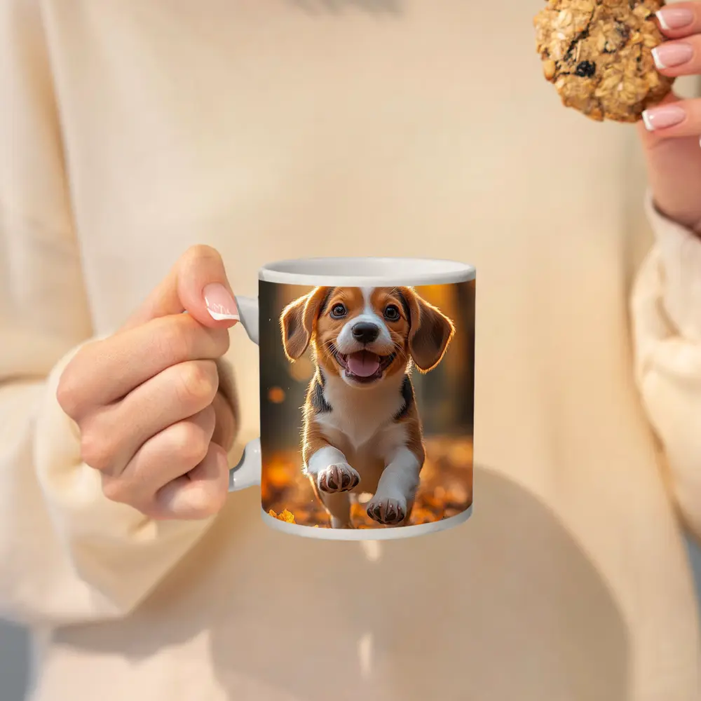 Beagle Puppy Running Autumn Leaves Forest – Mugs