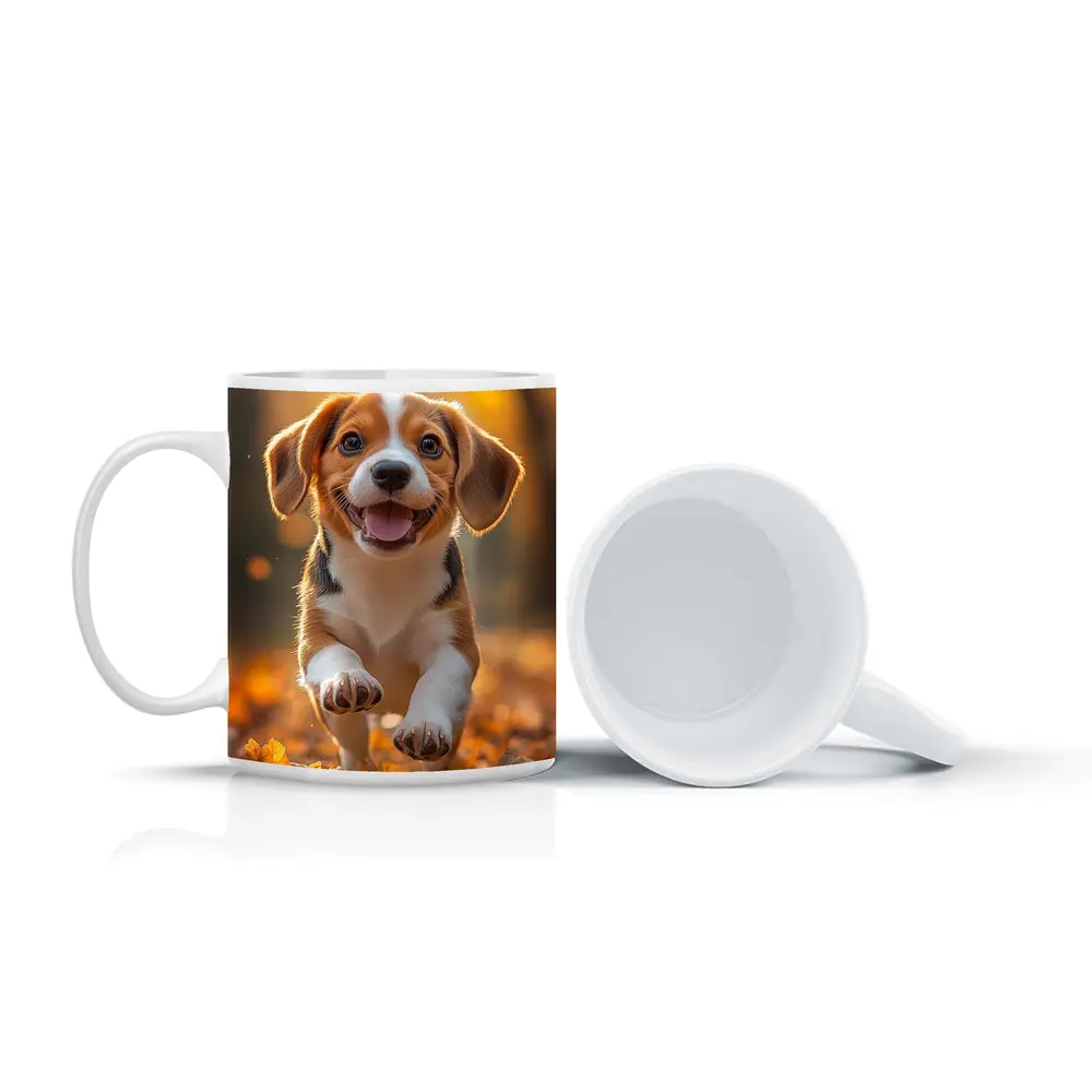 Beagle Puppy Running Autumn Leaves Forest – Mugs