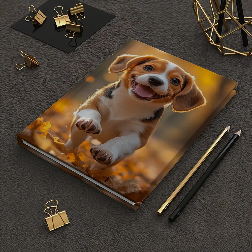 Beagle Puppy Running Autumn Leaves Forest – Notebooks