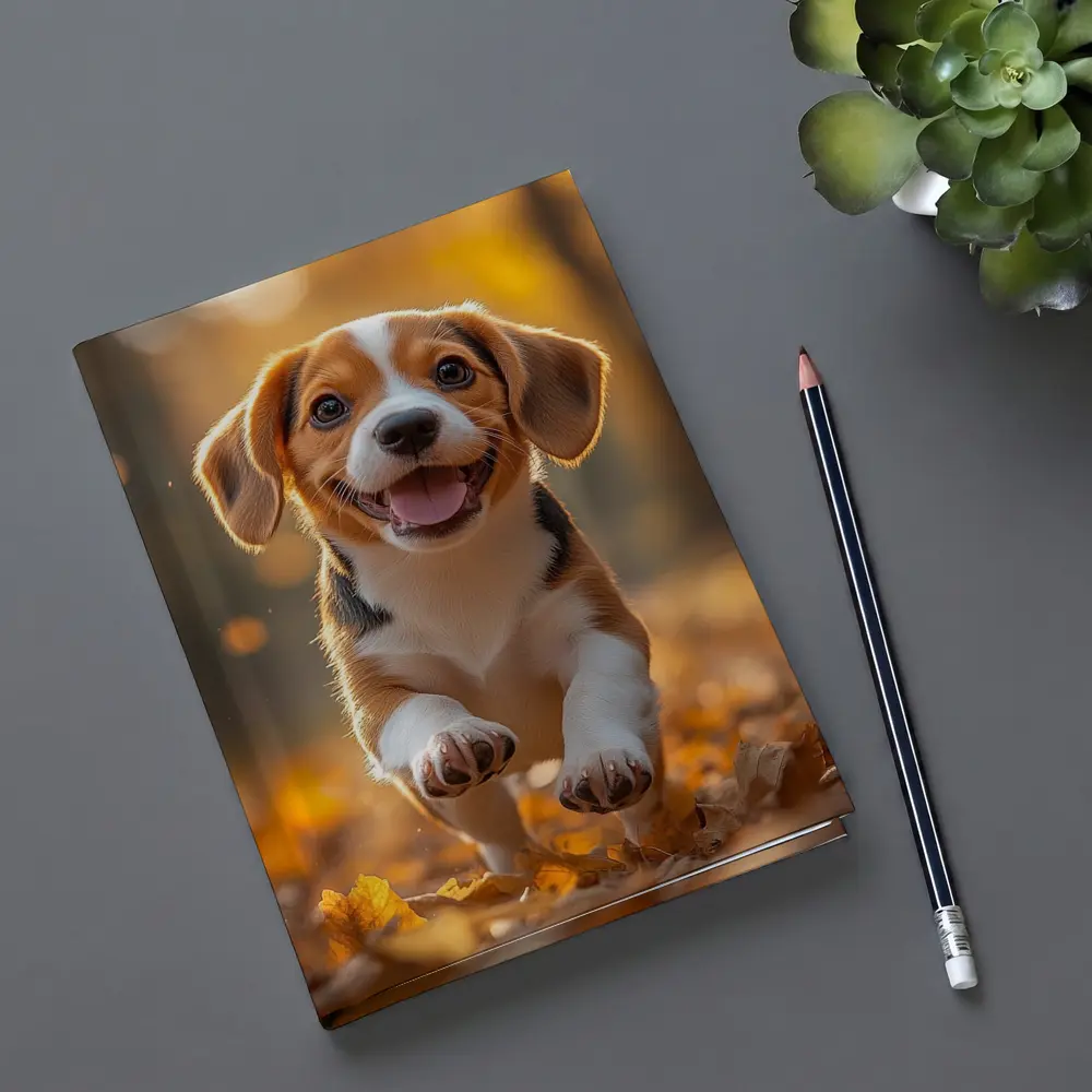 Beagle Puppy Running Autumn Leaves Forest – Notebooks