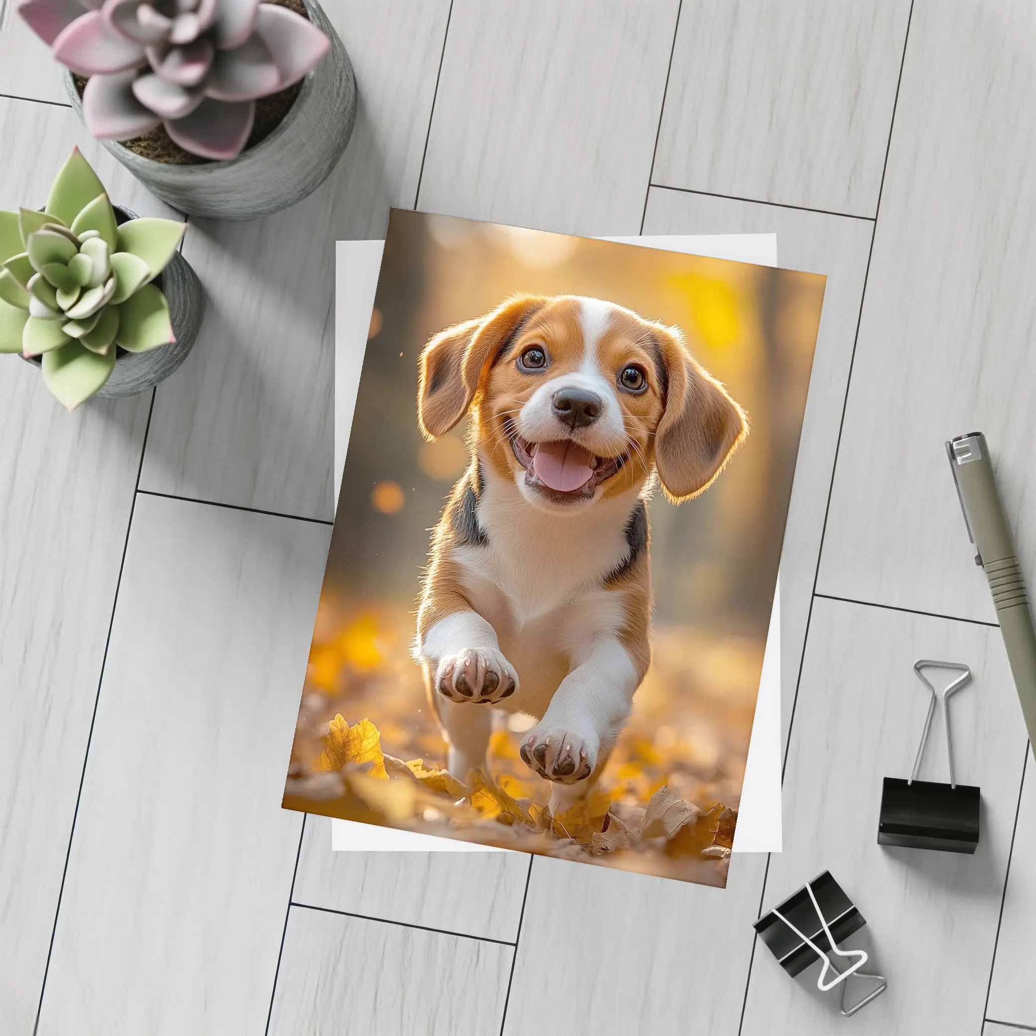 Beagle Puppy Running Autumn Leaves Forest – Postcards