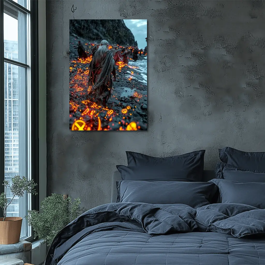 Robed Figures Walking Glowing Runic Dark Shore – Wall Art