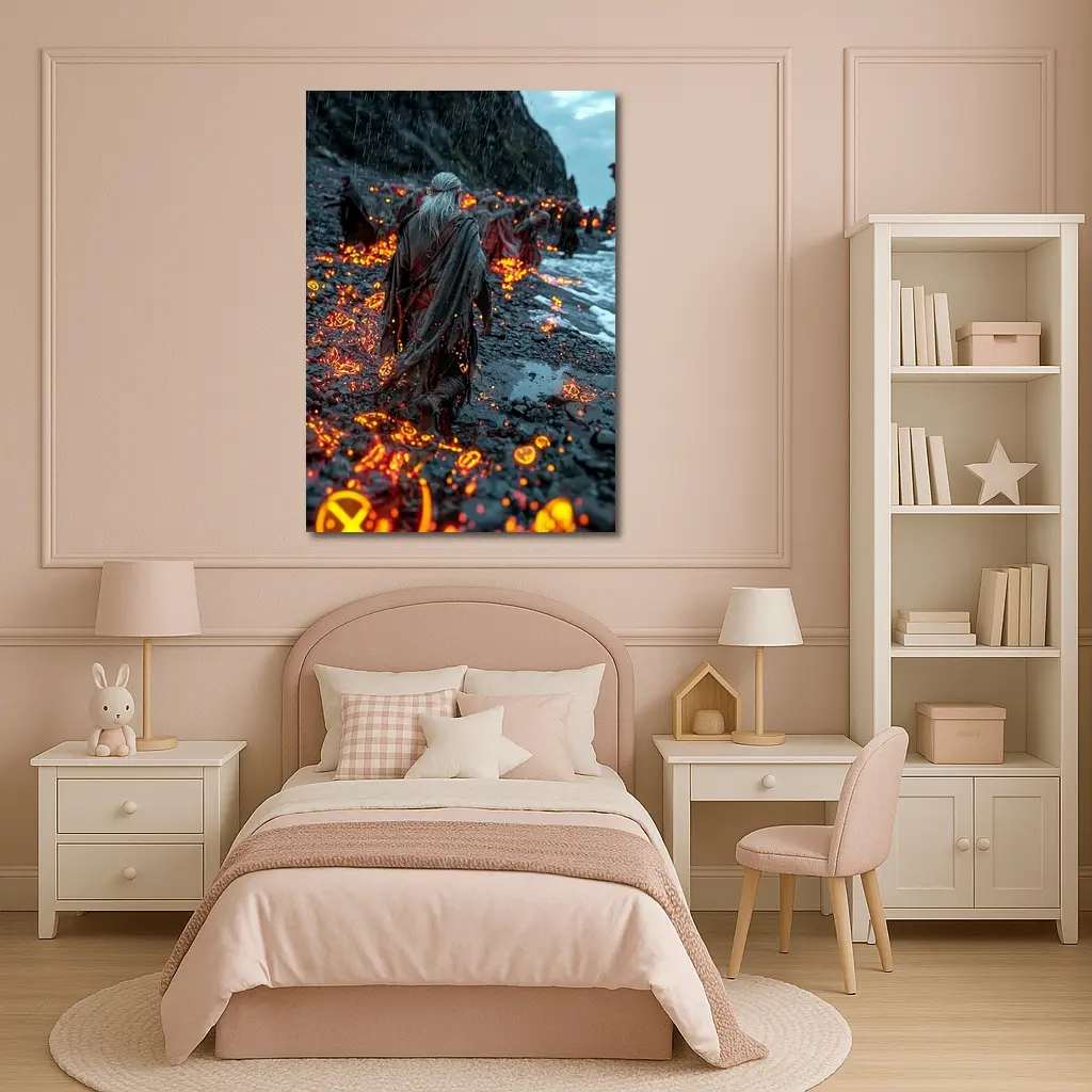 Robed Figures Walking Glowing Runic Dark Shore – Wall Art