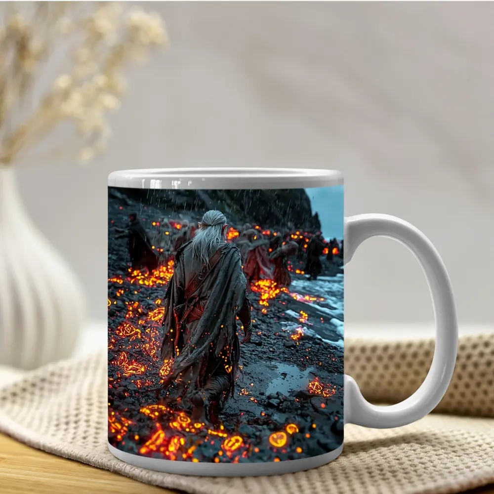 Robed Figures Walking Glowing Runic Dark Shore – Mugs