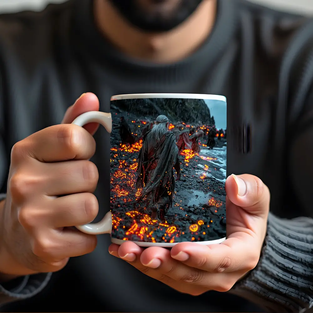 Robed Figures Walking Glowing Runic Dark Shore – Mugs