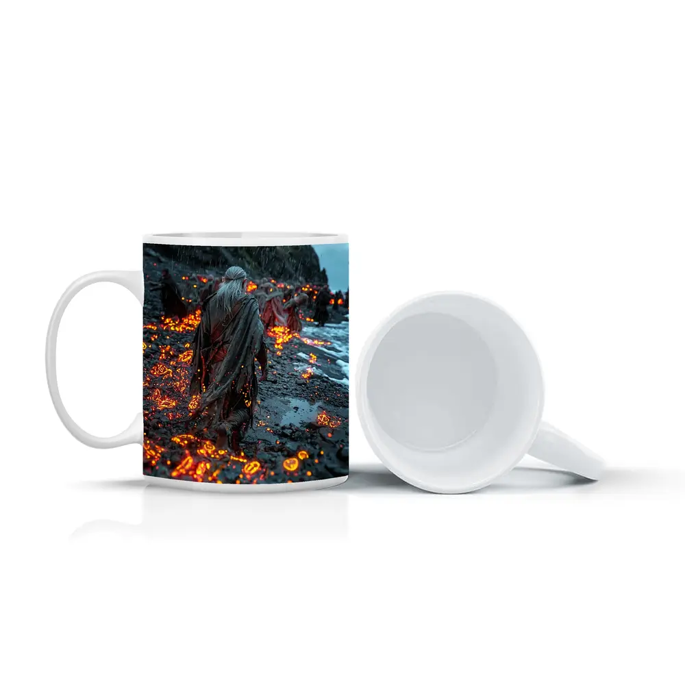 Robed Figures Walking Glowing Runic Dark Shore – Mugs