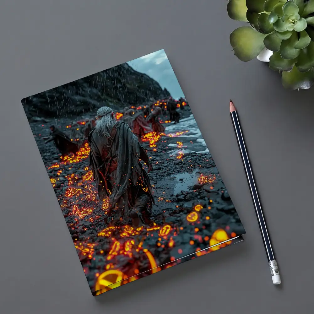 Robed Figures Walking Glowing Runic Dark Shore – Notebooks