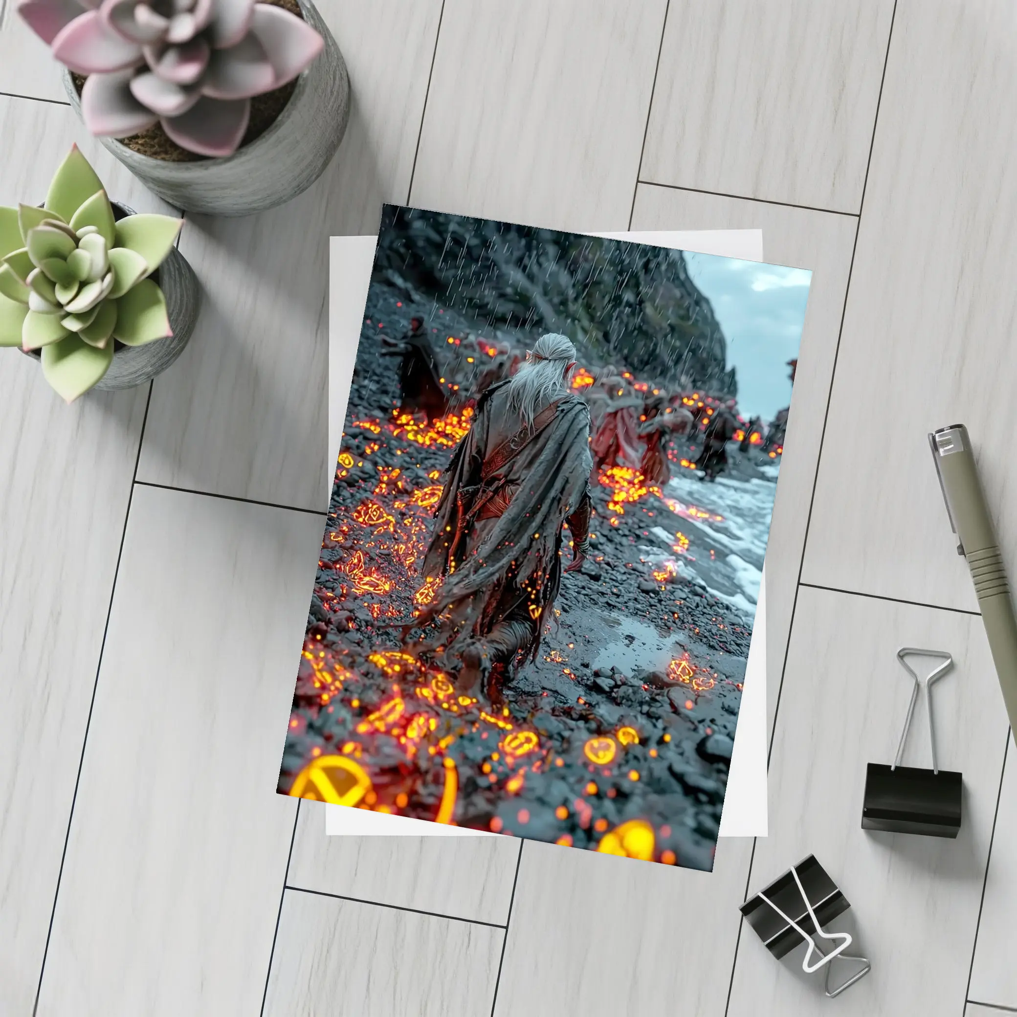 Robed Figures Walking Glowing Runic Dark Shore – Postcards