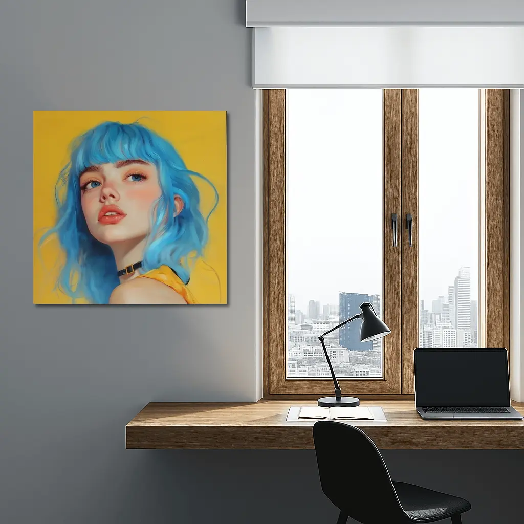 Blue Hair Girl Portrait Yellow Background – Wall Art