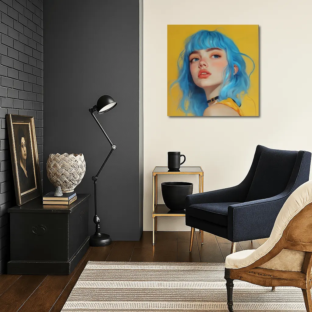 Blue Hair Girl Portrait Yellow Background – Wall Art