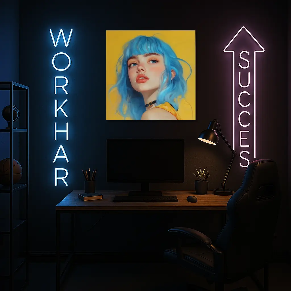 Blue Hair Girl Portrait Yellow Background – Wall Art
