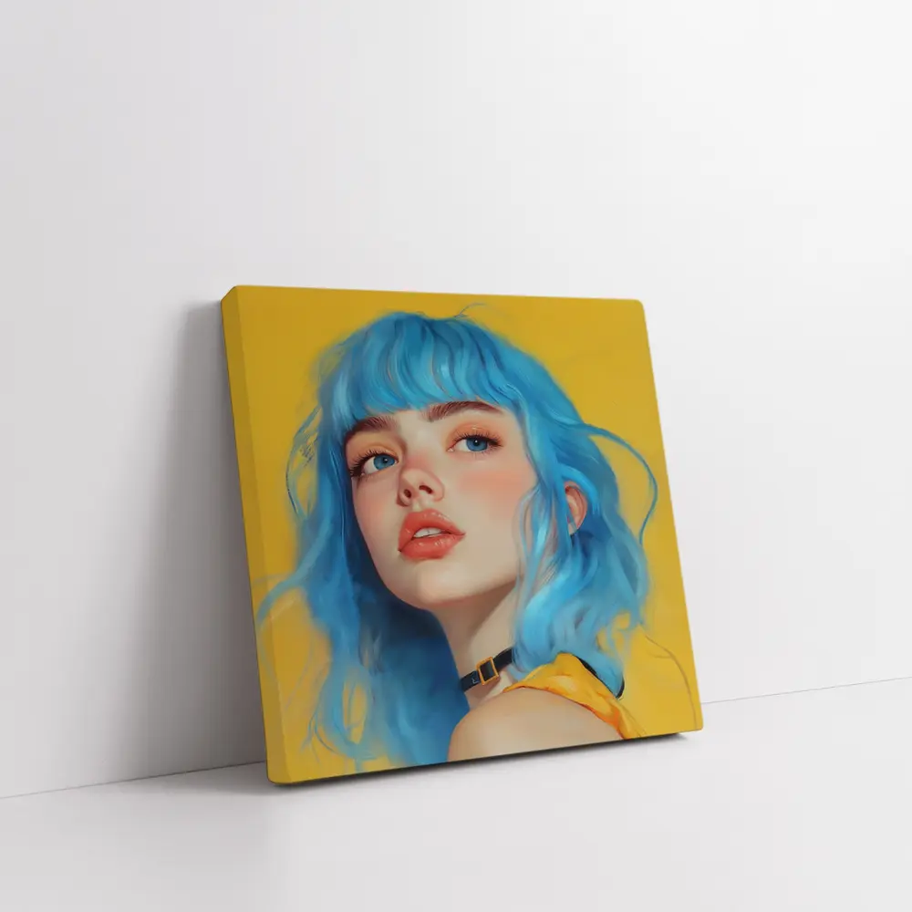 Blue Hair Girl Portrait Yellow Background – Wall Art