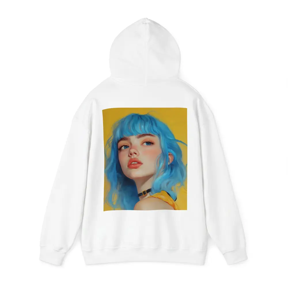 Blue Hair Girl Portrait Yellow Background – Hoodies