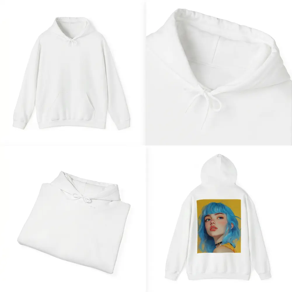 Blue Hair Girl Portrait Yellow Background – Hoodies