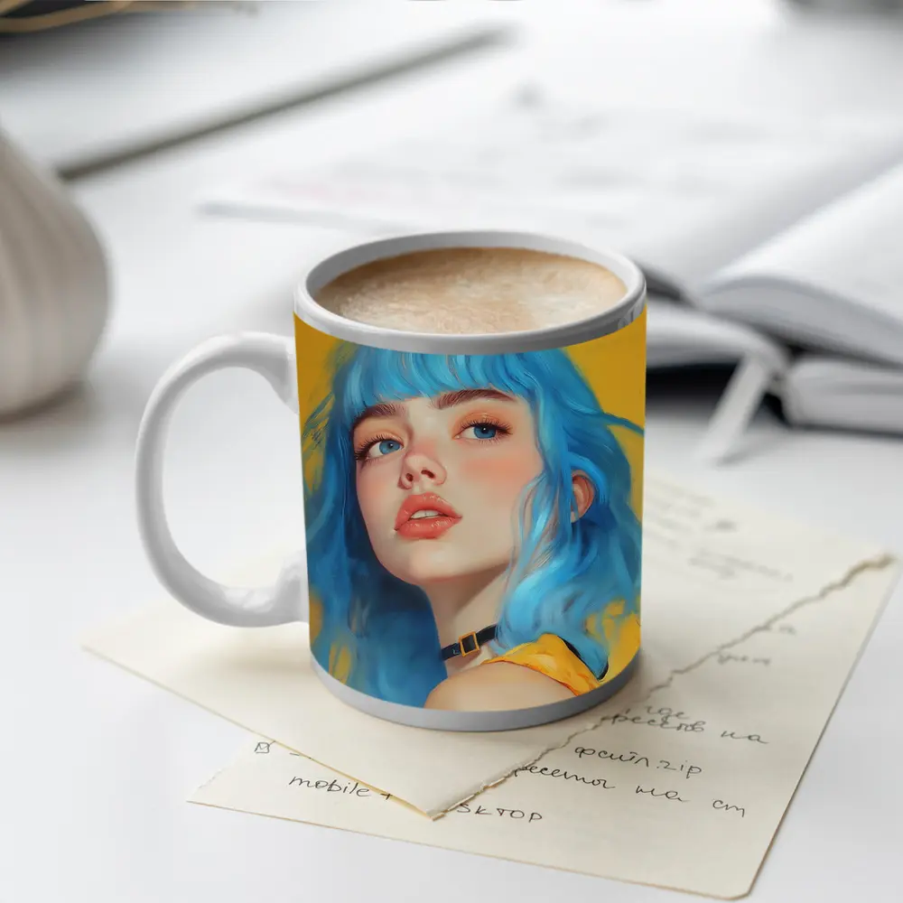 Blue Hair Girl Portrait Yellow Background – Mugs