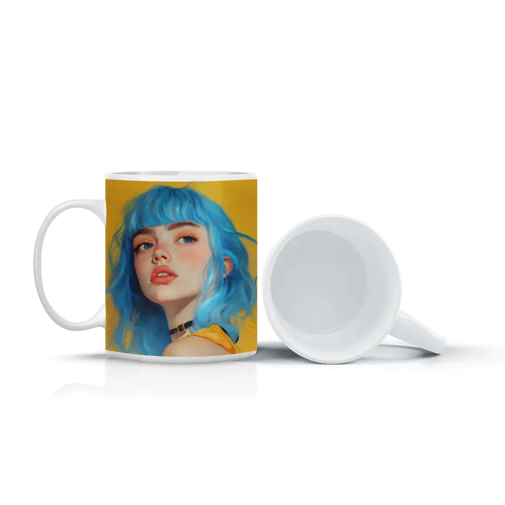Blue Hair Girl Portrait Yellow Background – Mugs