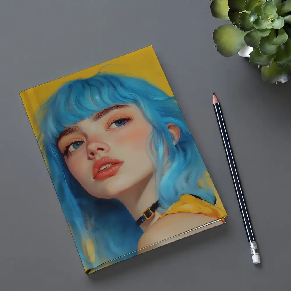 Blue Hair Girl Portrait Yellow Background – Notebooks
