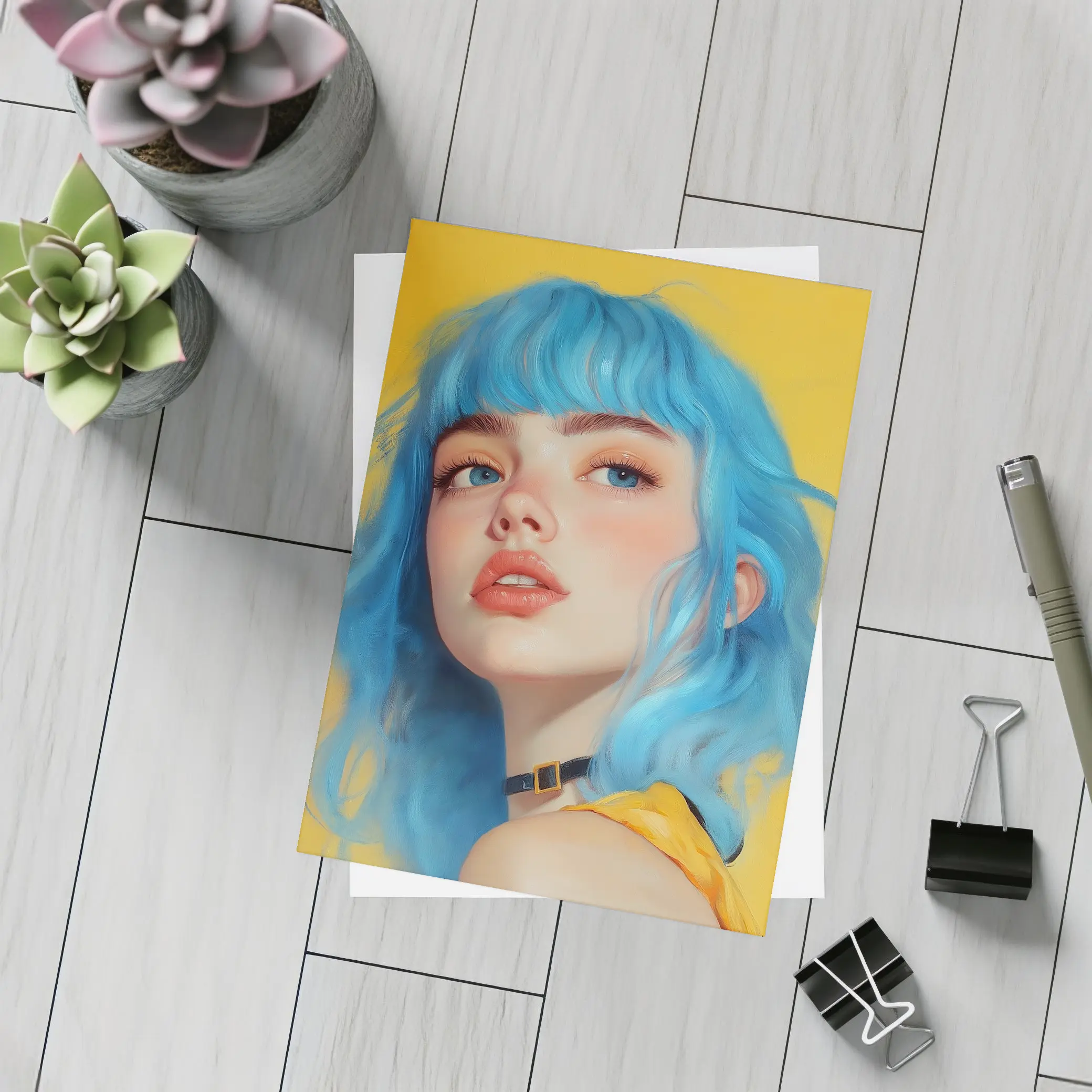 Blue Hair Girl Portrait Yellow Background – Postcards