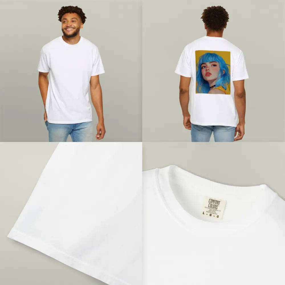 Blue Hair Girl Portrait Yellow Background – T-Shirts