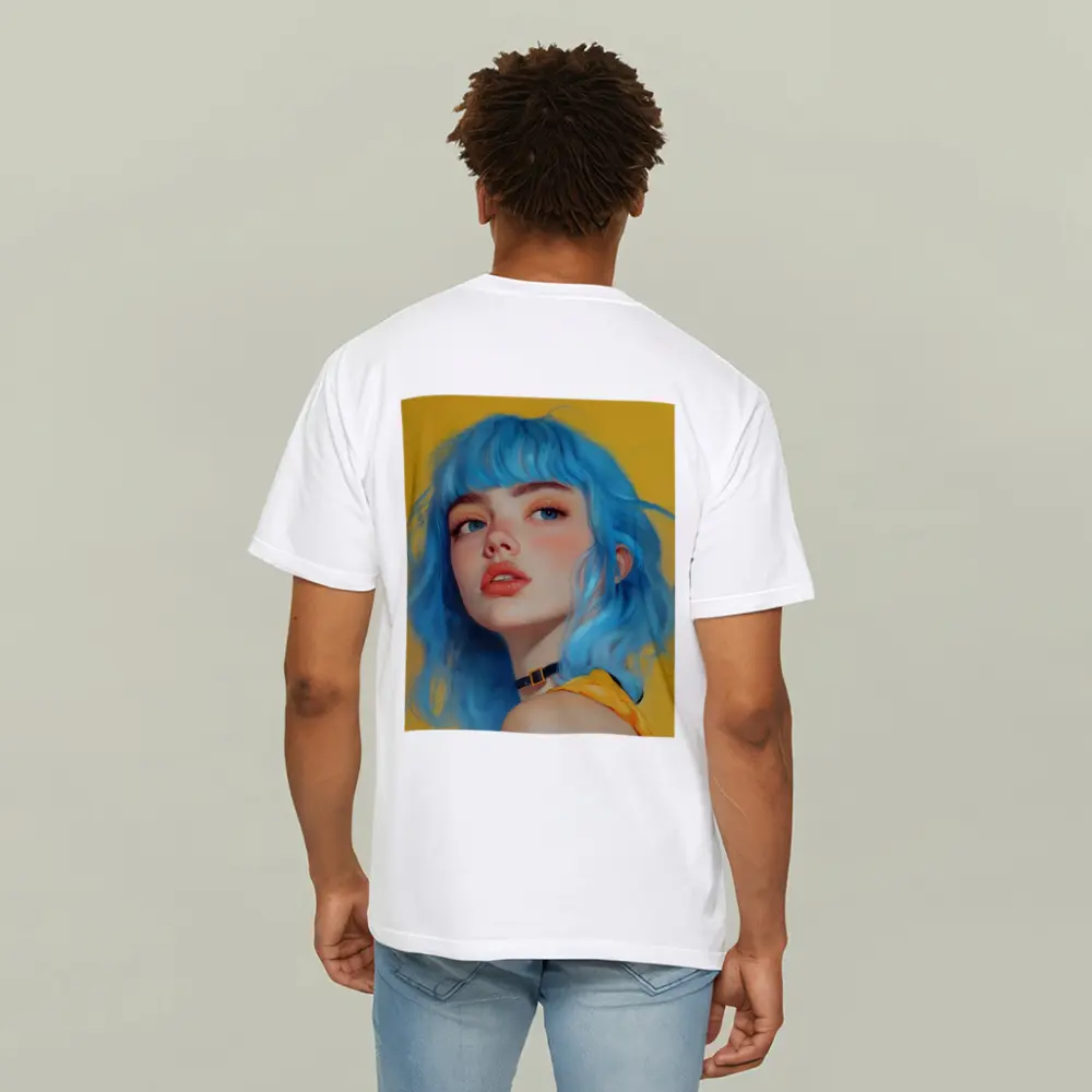 Blue Hair Girl Portrait Yellow Background – T-Shirts