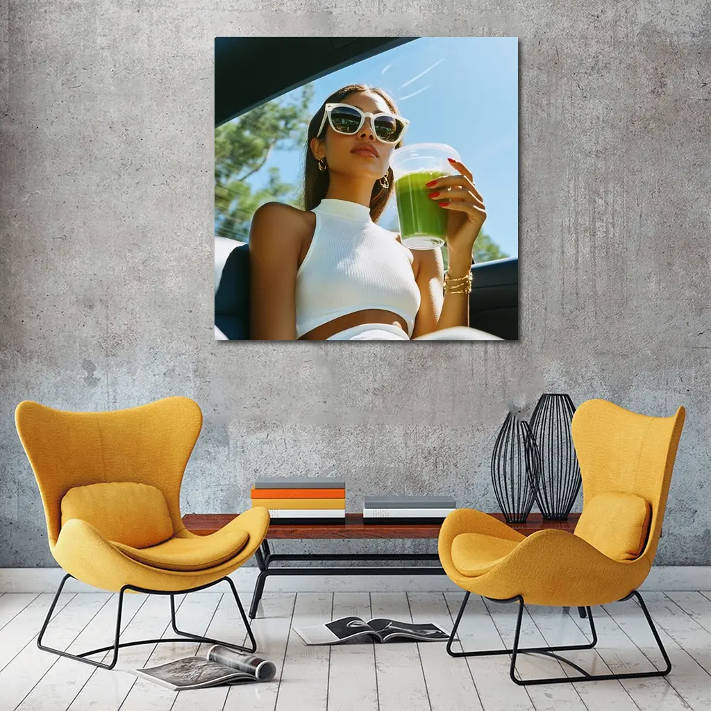 Woman Sunglasses Green Juice Summer Car – Wall Art