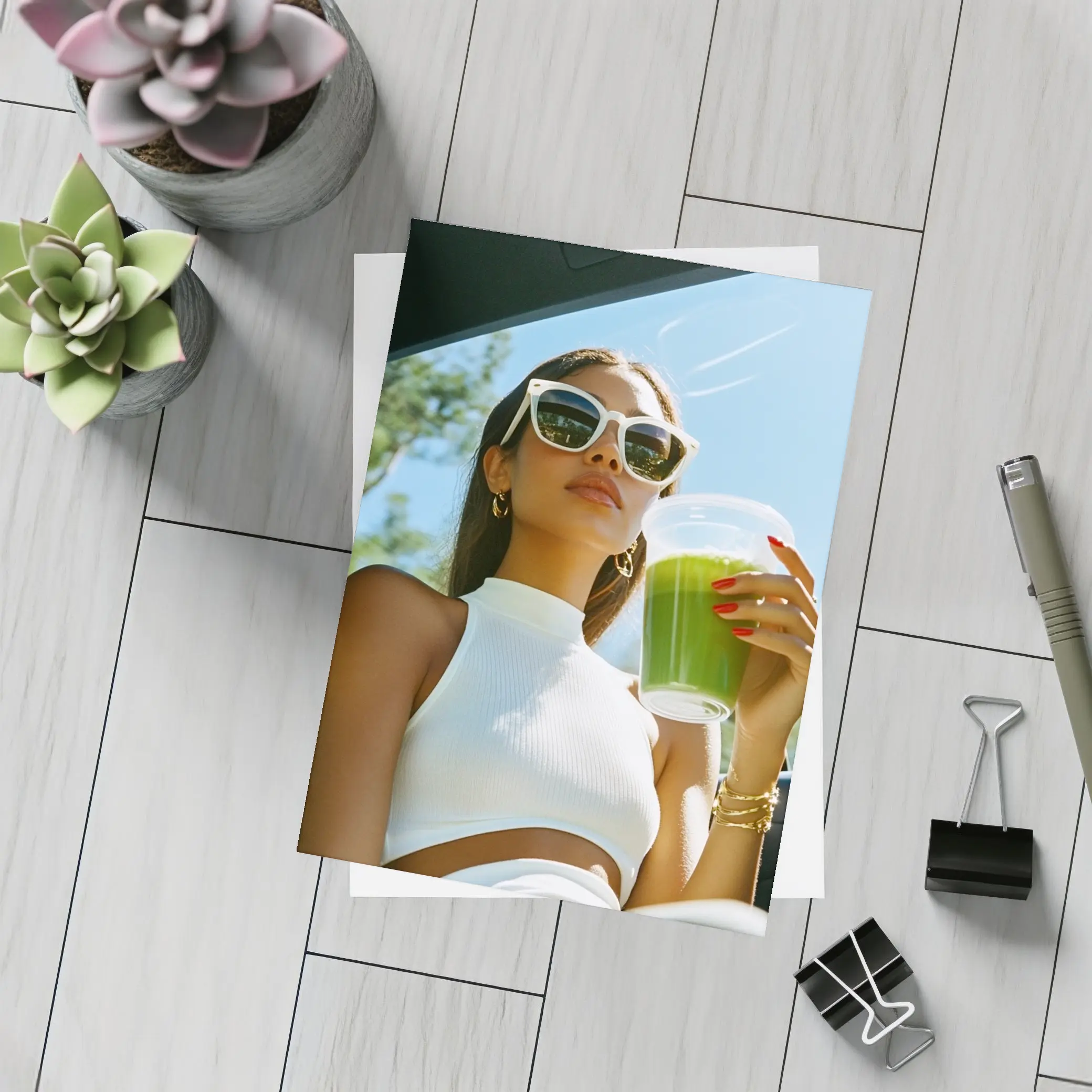 Woman Sunglasses Green Juice Summer Car – Postcards