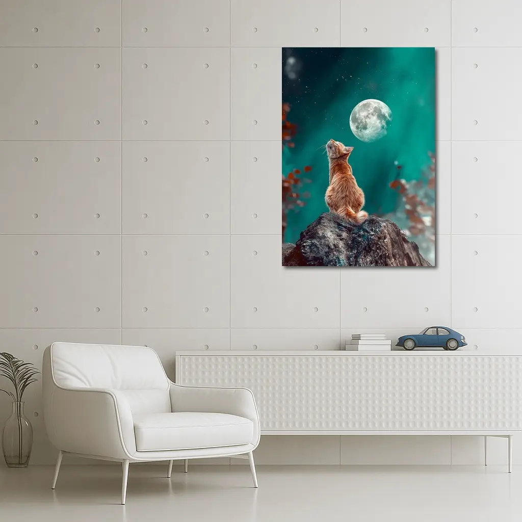 Orange Cat Gazing at Moon Night Sky – Wall Art