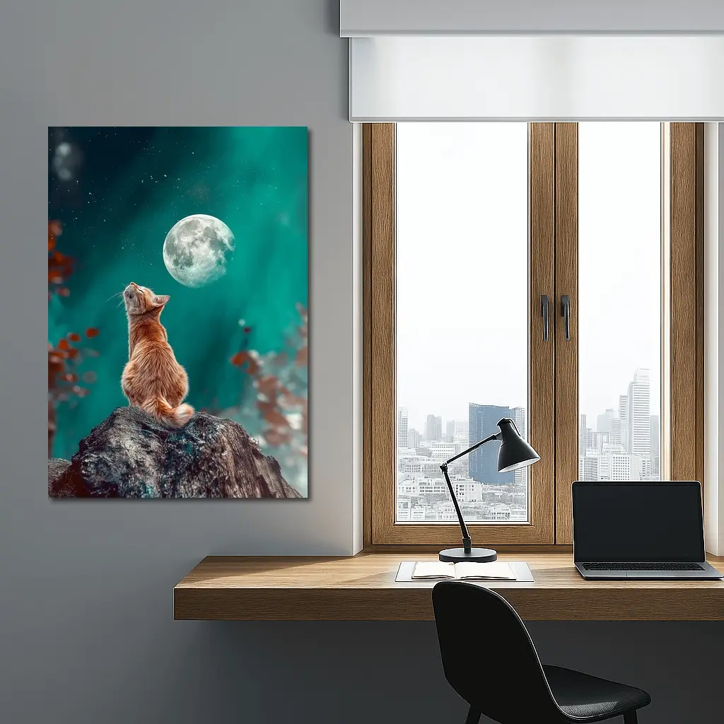 Orange Cat Gazing at Moon Night Sky – Wall Art