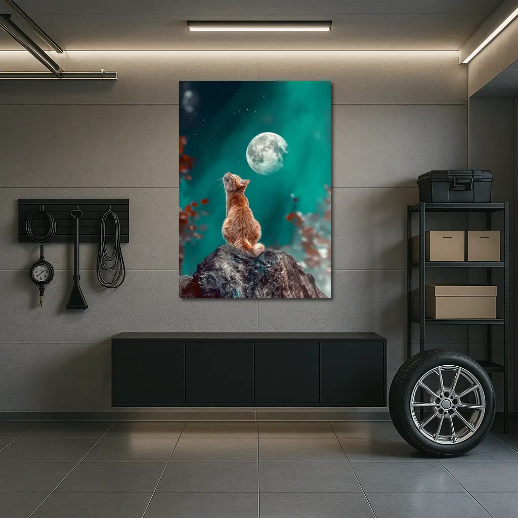 Orange Cat Gazing at Moon Night Sky – Wall Art