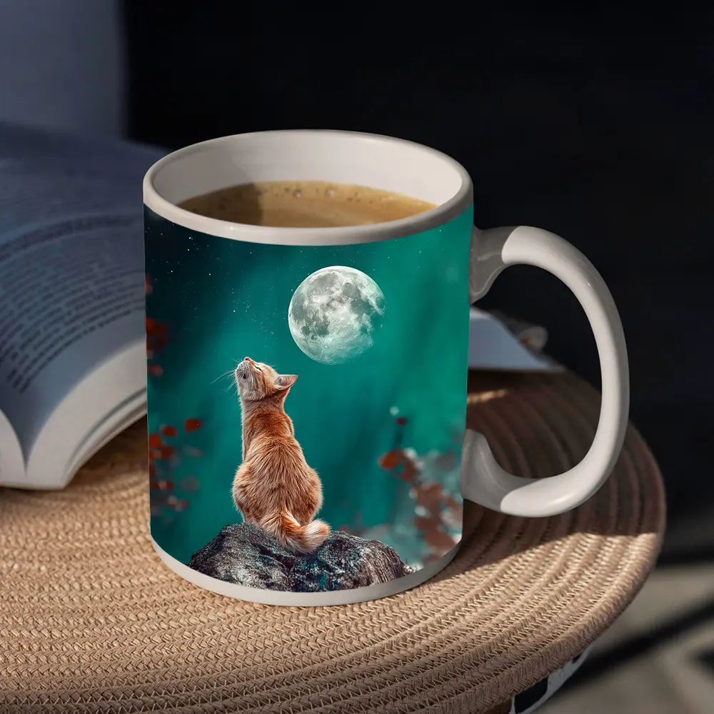 Orange Cat Gazing at Moon Night Sky – Mugs