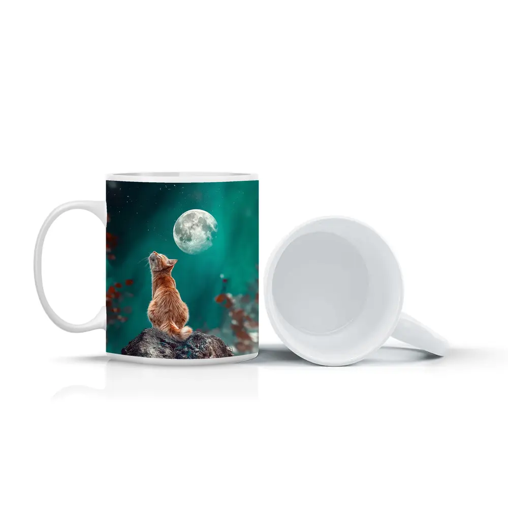 Orange Cat Gazing at Moon Night Sky – Mugs