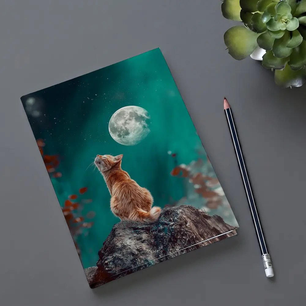 Orange Cat Gazing at Moon Night Sky – Notebooks