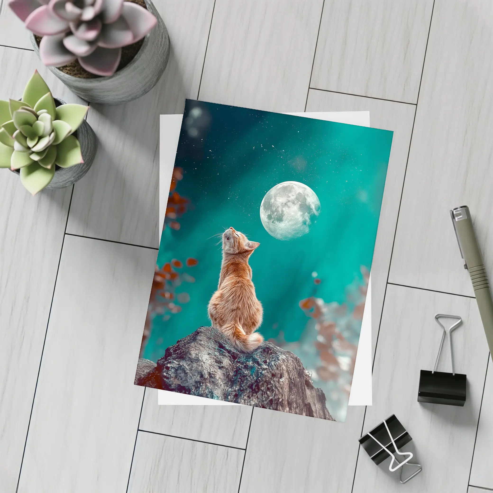 Orange Cat Gazing at Moon Night Sky – Postcards