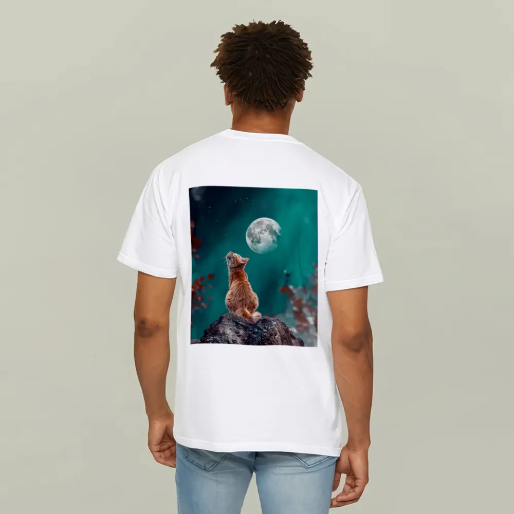 Orange Cat Gazing at Moon Night Sky – T-Shirts