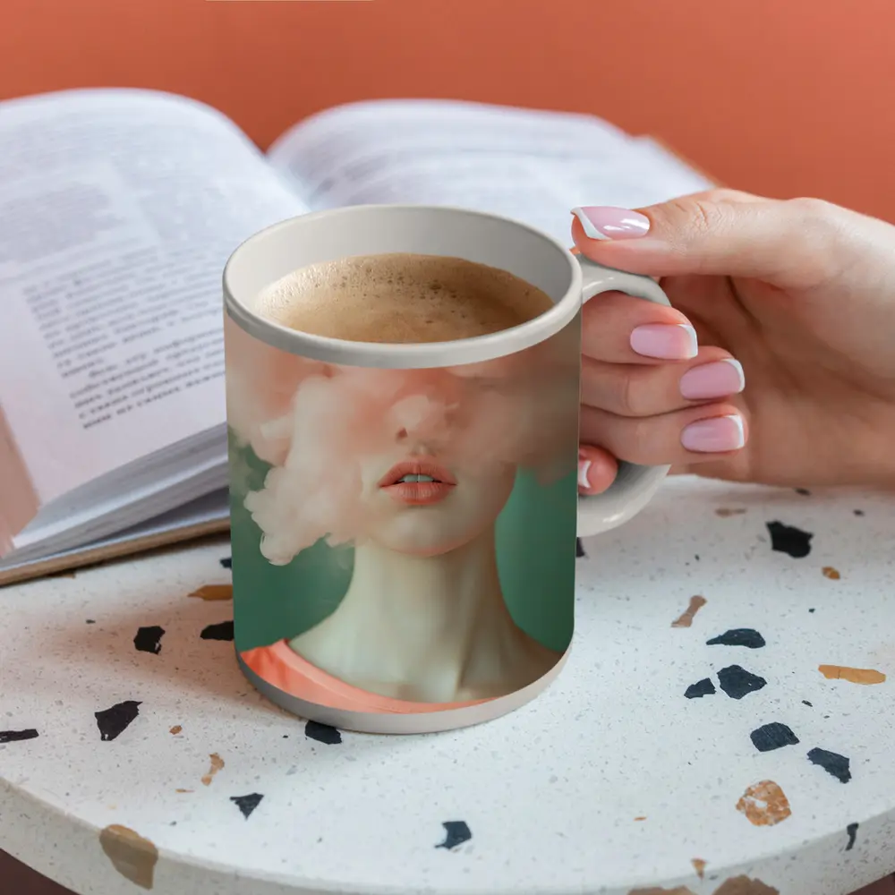 Woman Face Hidden Behind Pink Cloud – Mugs