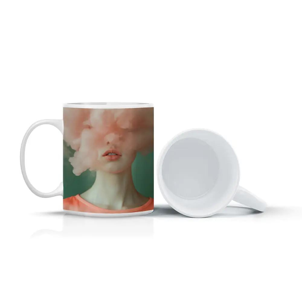 Woman Face Hidden Behind Pink Cloud – Mugs