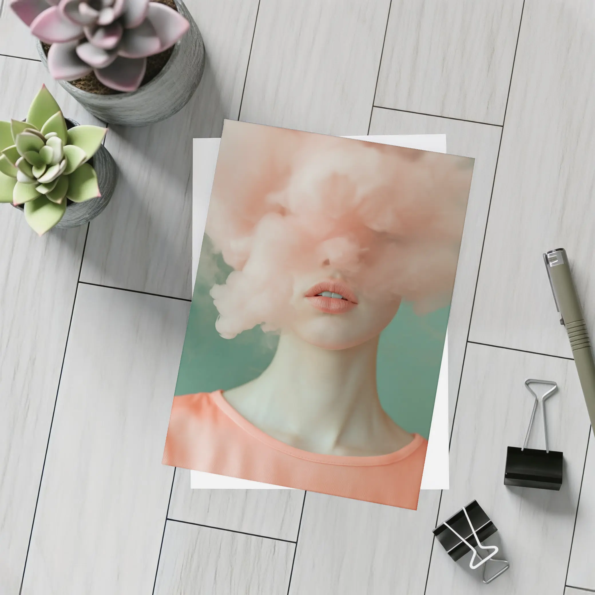 Woman Face Hidden Behind Pink Cloud – Postcards