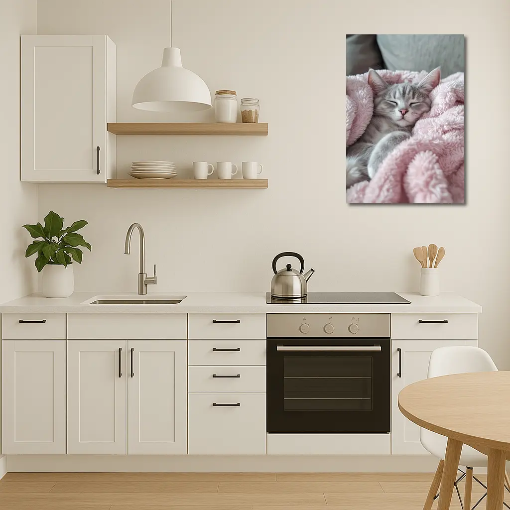 Sleeping Gray Kitten Wrapped Pink Fluffy Blanket – Wall Art