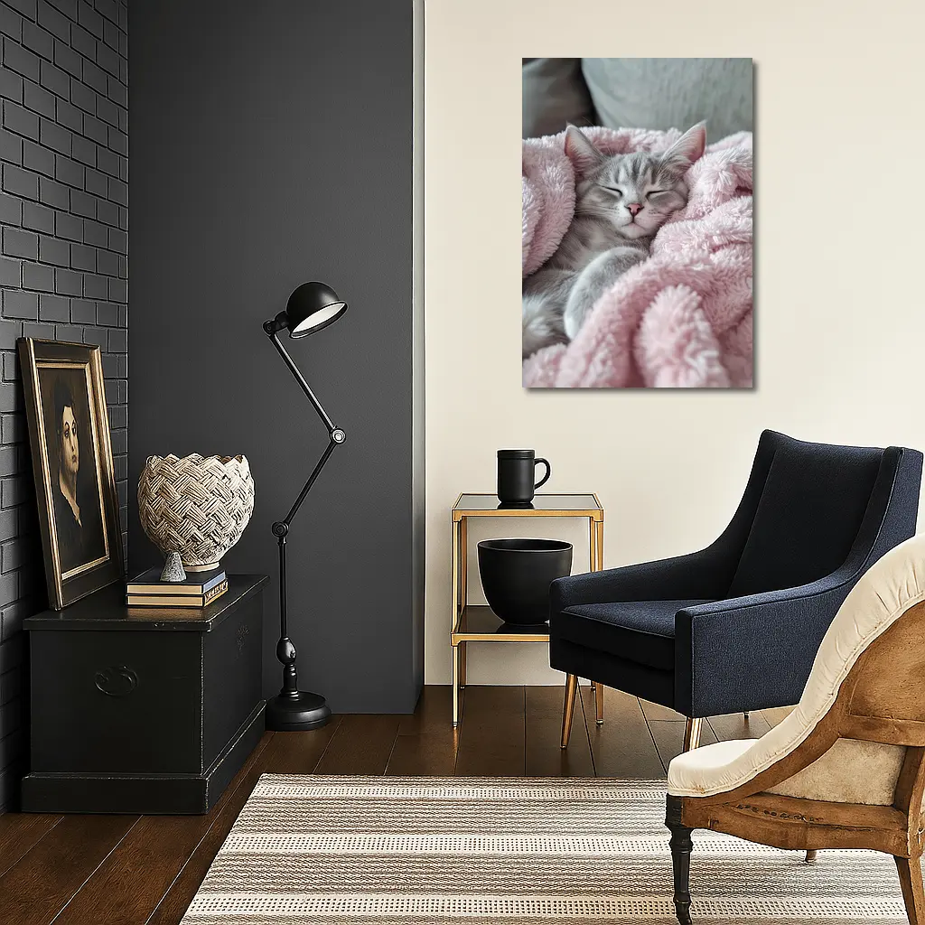 Sleeping Gray Kitten Wrapped Pink Fluffy Blanket – Wall Art