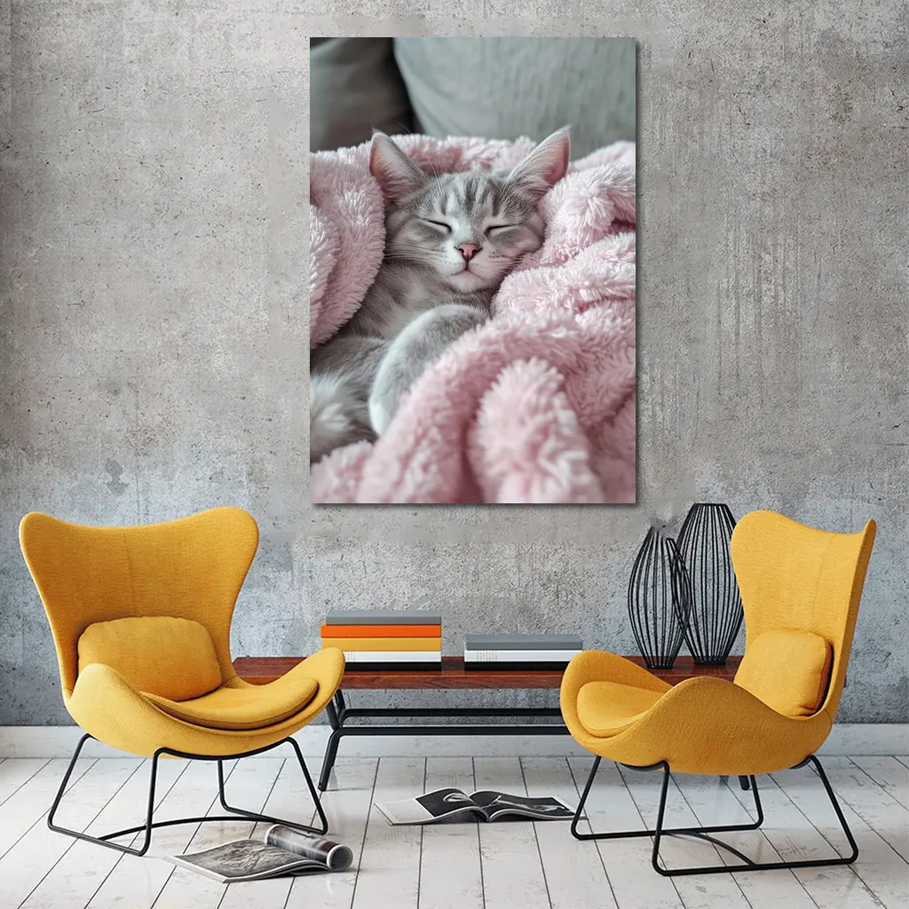 Sleeping Gray Kitten Wrapped Pink Fluffy Blanket – Wall Art