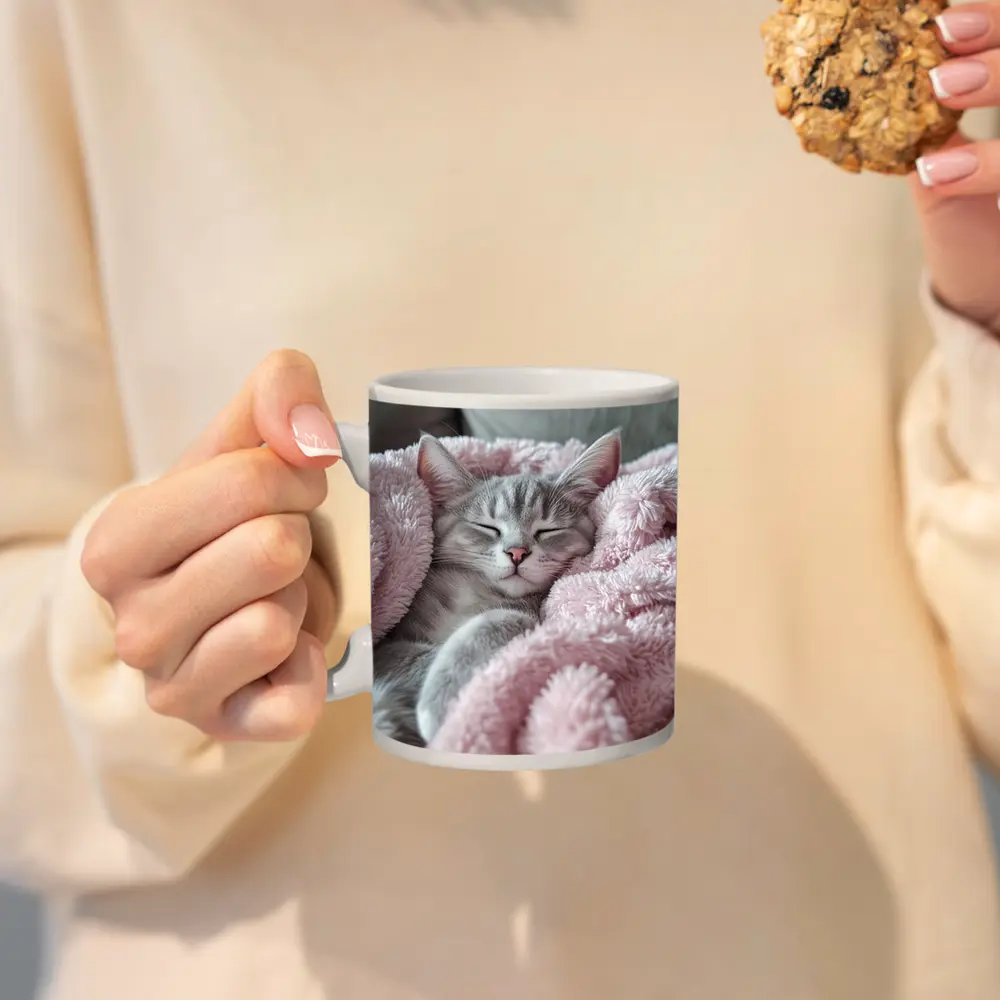 Sleeping Gray Kitten Wrapped Pink Fluffy Blanket – Mugs