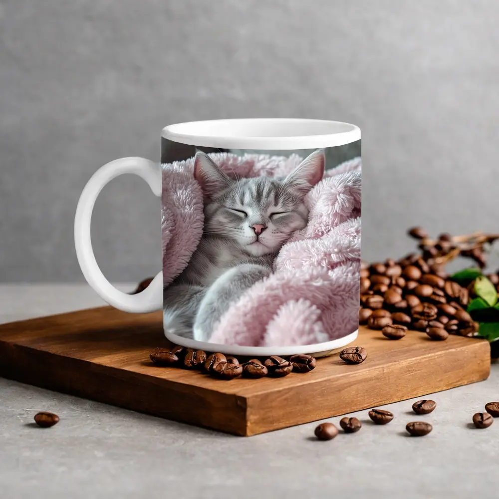 Sleeping Gray Kitten Wrapped Pink Fluffy Blanket – Mugs